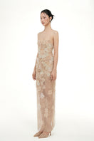Beige Annabelle tulle maxi dress by 21Six featuring a flowing silhouette and delicate tulle fabric, perfect for elegant occasions.