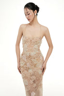 Beige Annabelle tulle maxi dress by 21Six, flowing fabric with intricate tulle details, perfect for elegant occasions.