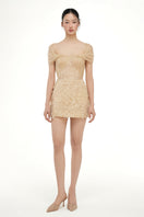 Beige Bianca lace mini dress by 21Six featuring delicate lace fabric, fitted silhouette, and elegant design.