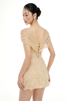Beige Bianca lace mini dress by 21Six featuring intricate lace details and a fitted silhouette.