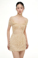 Beige Bianca lace mini dress by 21Six, featuring intricate lace details and a stylish, fitted silhouette.