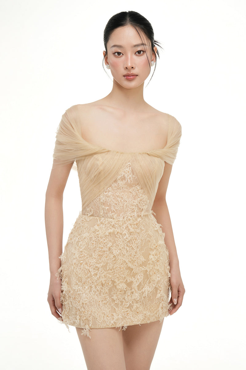 Beige Bianca lace mini dress by 21Six, featuring intricate lace details and a stylish, fitted silhouette.
