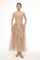 Beige Camilla tulle midi dress by 21Six featuring delicate tulle fabric and elegant design perfect for formal occasions.