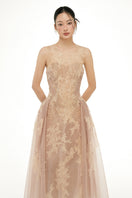 Beige Camilla tulle midi dress by 21Six, featuring delicate tulle fabric and a flowing silhouette.