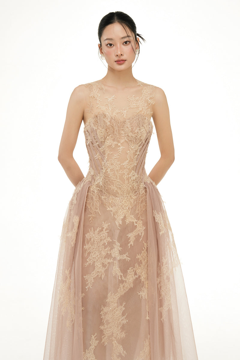 Beige Camilla tulle midi dress by 21Six, featuring delicate tulle fabric and a flowing silhouette.