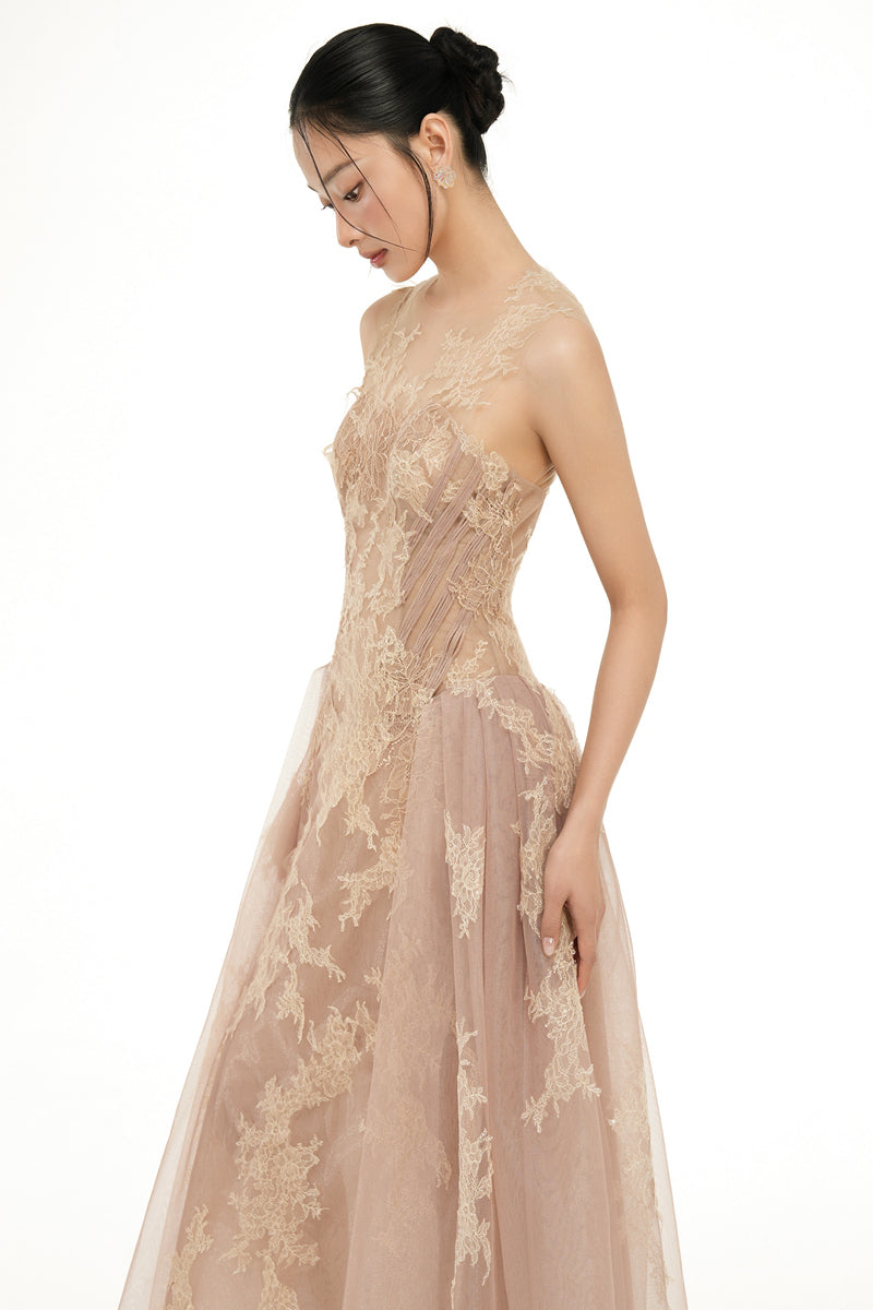 Beige Camilla Tulle Dress by 21Six, midi length with delicate tulle fabric, showcased on a model.