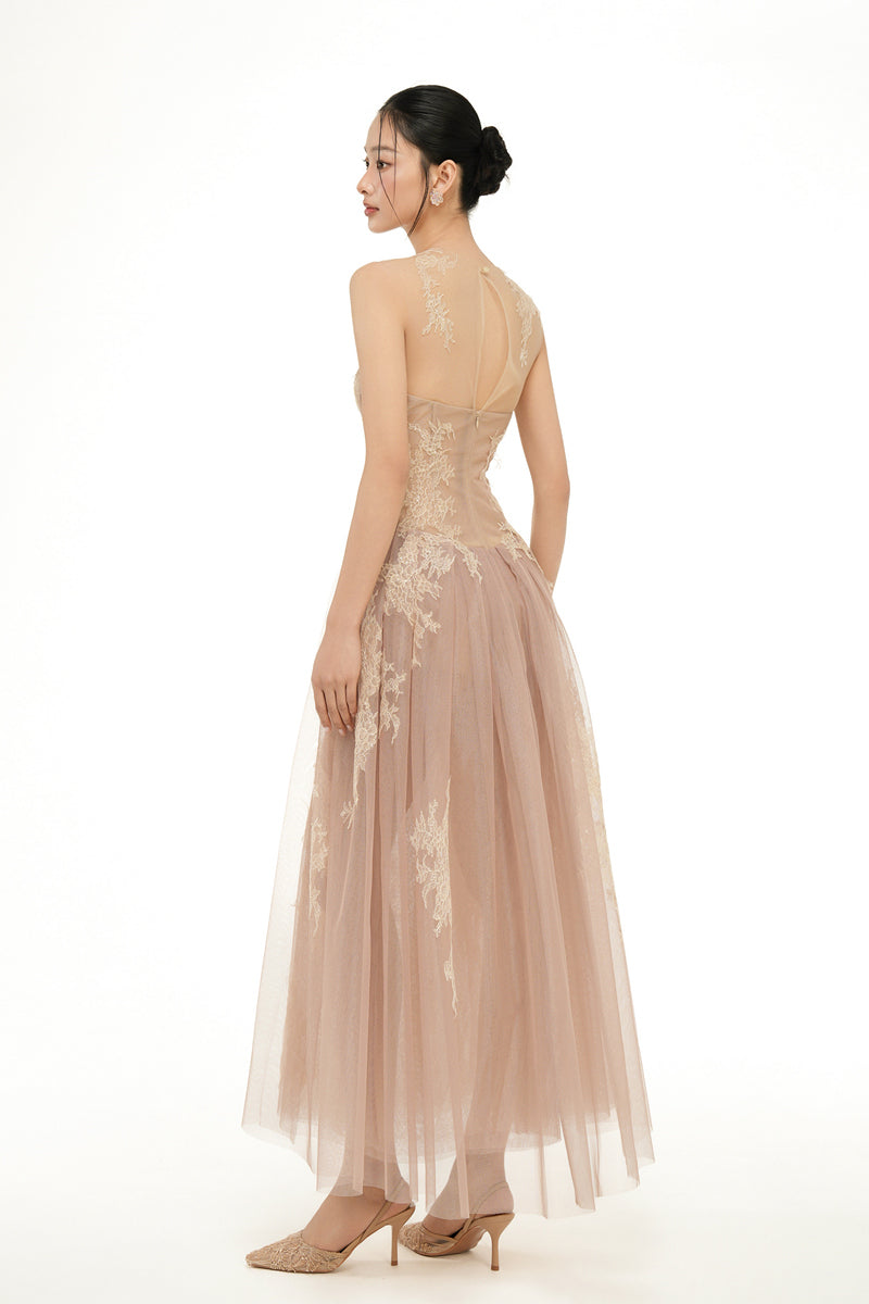Beige Camilla tulle midi dress by 21Six featuring delicate fabric and elegant design, perfect for stylish occasions.