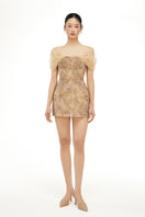 Beige Liliana lace mini dress by 21Six, featuring intricate lace details and a fitted silhouette, perfect for stylish occasions.