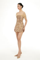 Beige Liliana lace mini dress by 21Six, featuring delicate lace fabric and a stylish, fitted silhouette.