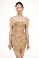 Beige Liliana lace mini dress by 21Six, showcasing intricate lace details and a fitted silhouette.