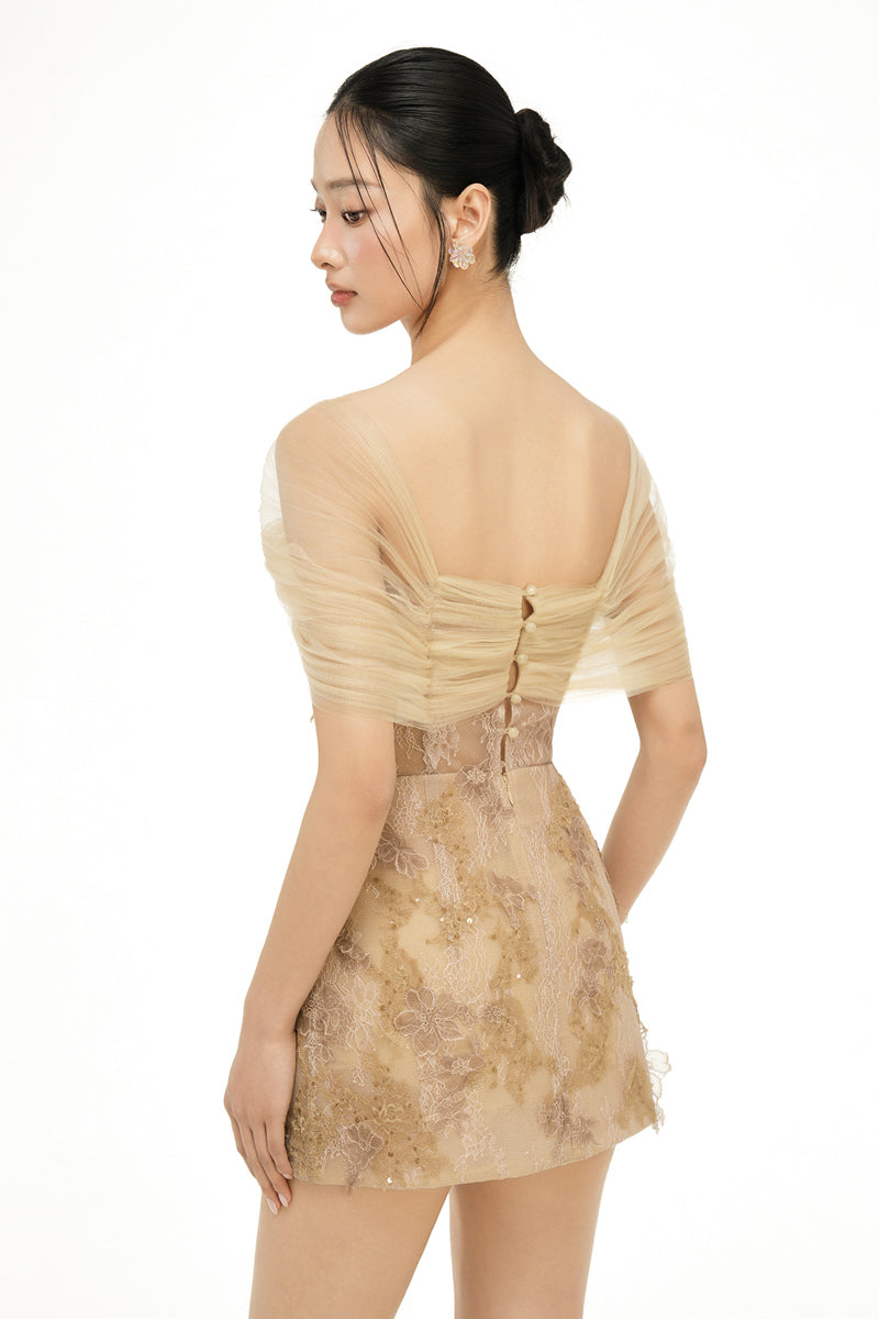 Beige Liliana lace mini dress by 21Six, featuring intricate lace details and a fitted silhouette, perfect for stylish occasions.