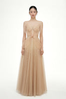 Beige Grace Tulle Dress by 21Six, elegant gown with flowing tulle fabric, perfect for formal occasions.