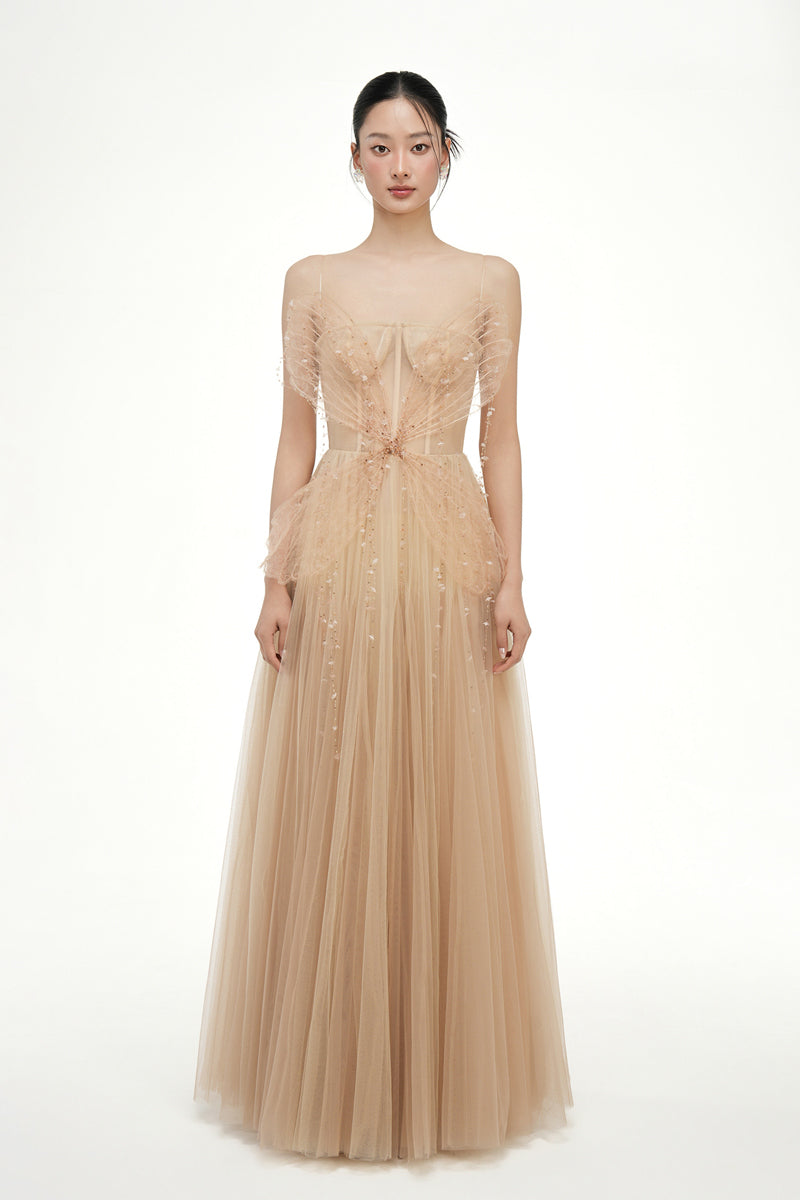 Beige Grace Tulle Dress by 21Six, elegant gown with flowing tulle fabric, perfect for formal occasions.