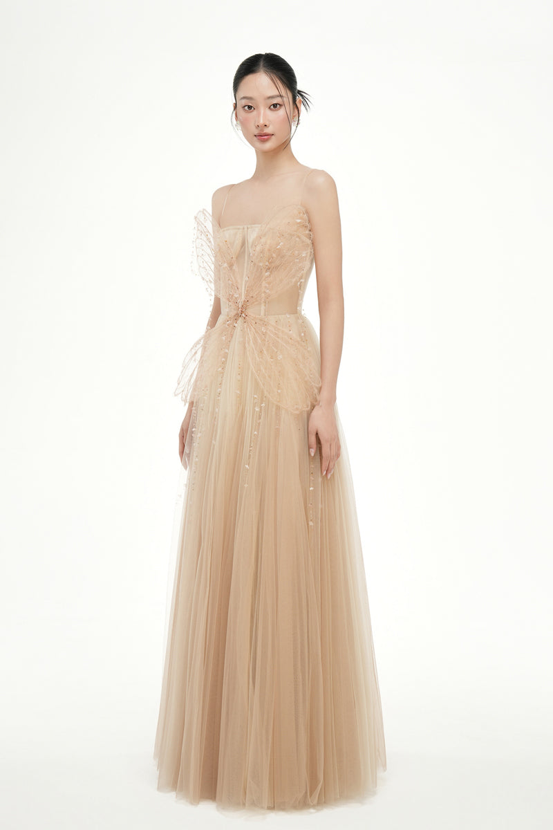 Beige Grace Tulle Dress by 21Six, elegant gown with flowing tulle fabric, perfect for formal occasions.