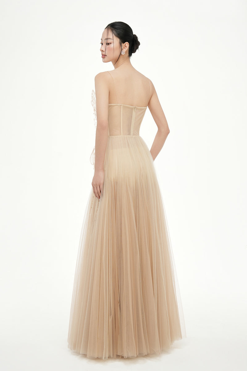 Beige Grace Tulle Dress by 21Six, elegant gown featuring flowing tulle fabric and a soft, sophisticated silhouette.