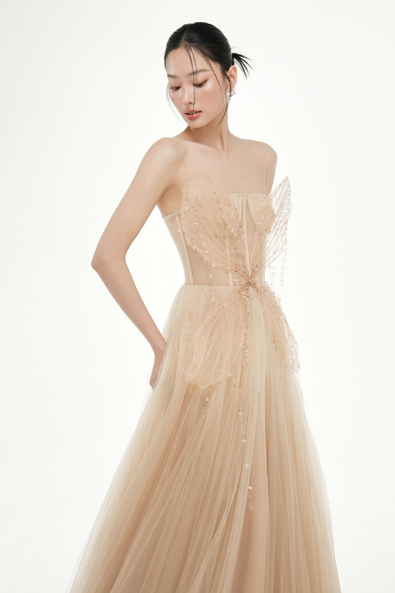 Beige Grace Tulle Dress by 21Six, featuring elegant tulle fabric and a flowing gown silhouette, perfect for formal occasions.