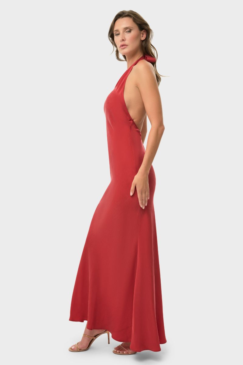NiLuu CILLA slip maxi dress in vibrant rouge, flowing fabric, sleeveless design, perfect for elegant summer or evening wear.
