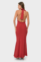 NiLuu CILLA slip maxi dress in rouge, flowing fabric with a relaxed fit, displayed on a hanger against a neutral background.