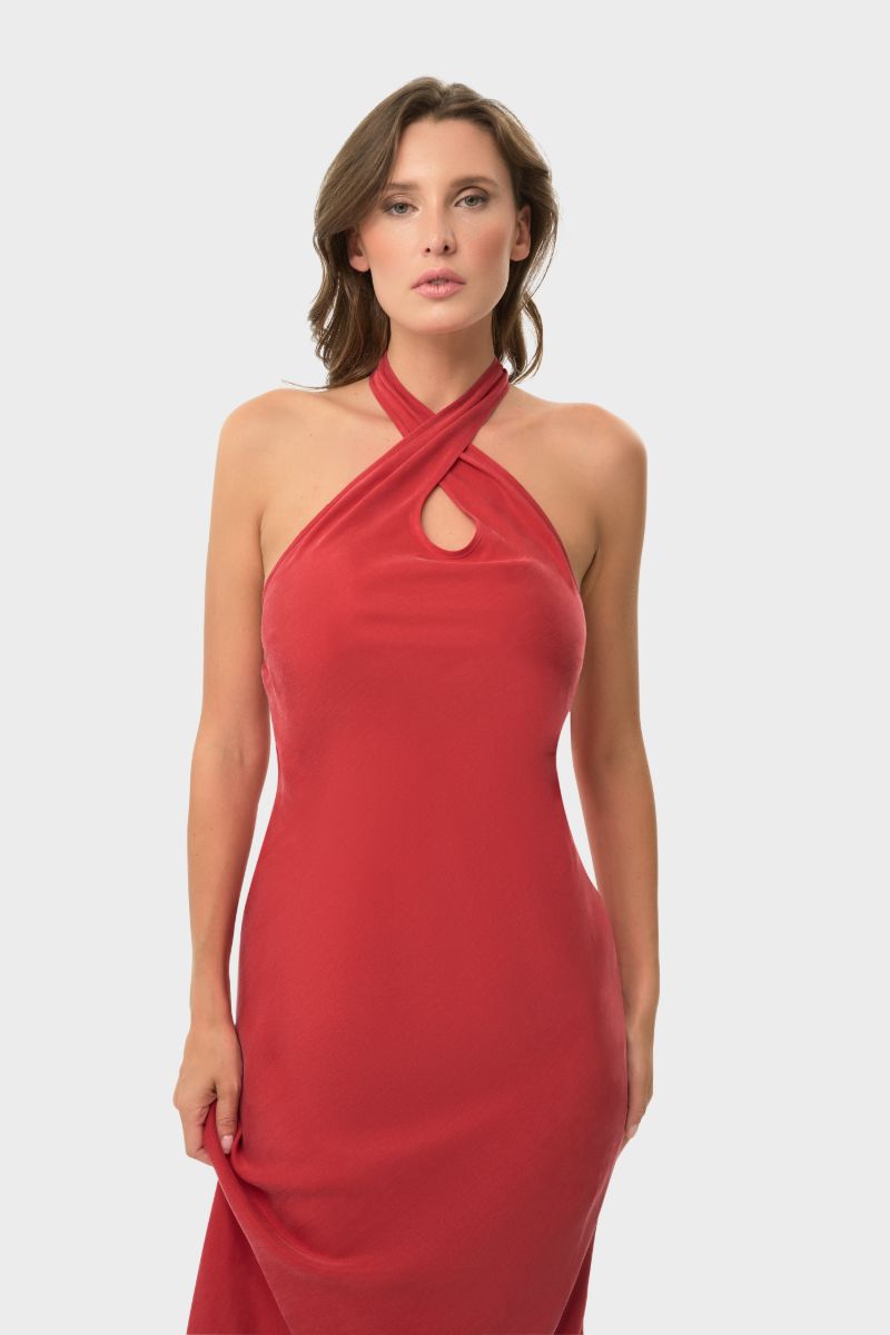 NiLuu CILLA slip maxi dress in vibrant rouge, flowing fabric with a relaxed fit, perfect for elegant summer occasions.