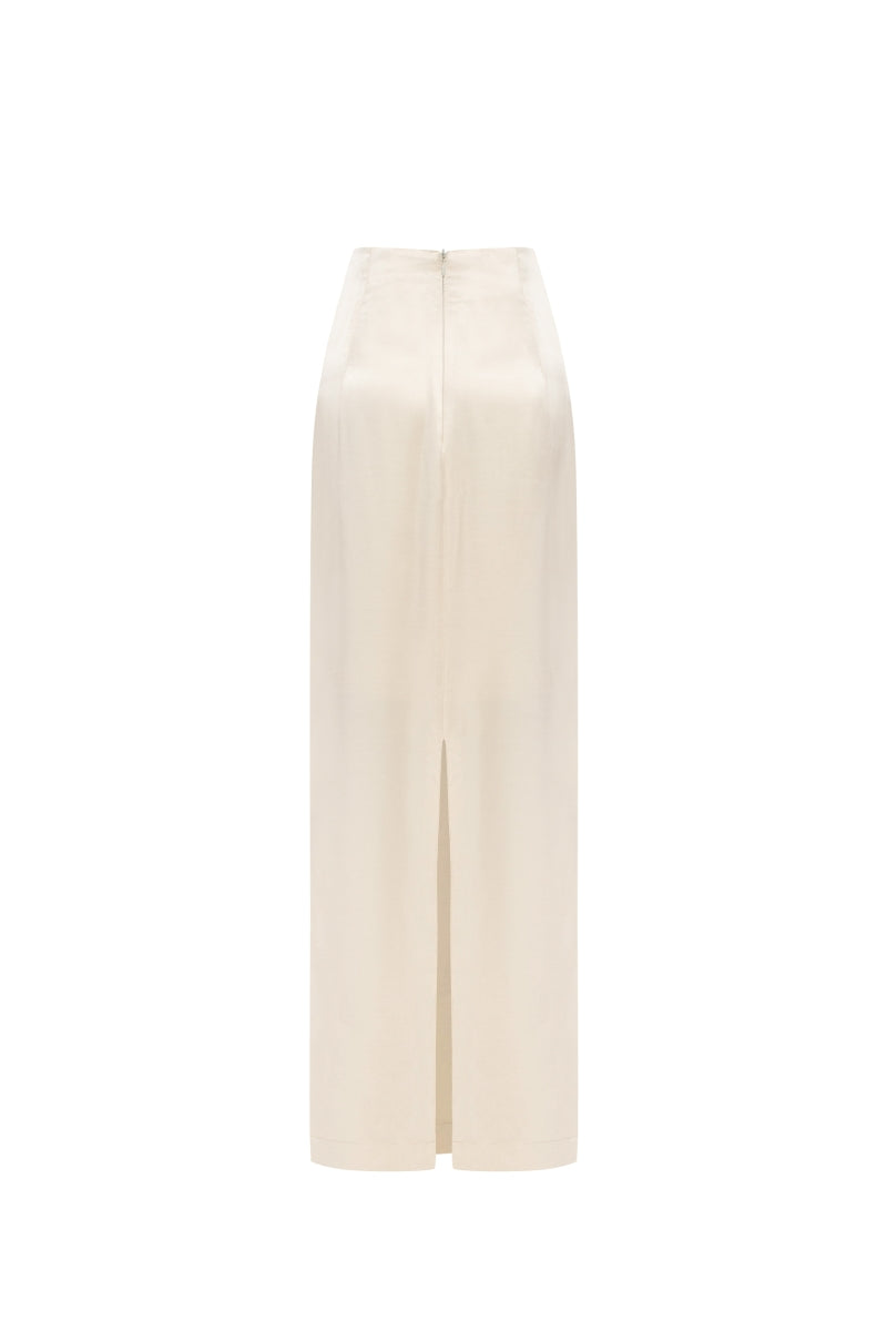 Creamy white maxi skirt from PODYH's VEZHA collection, featuring a flowing, elegant design perfect for stylish looks.