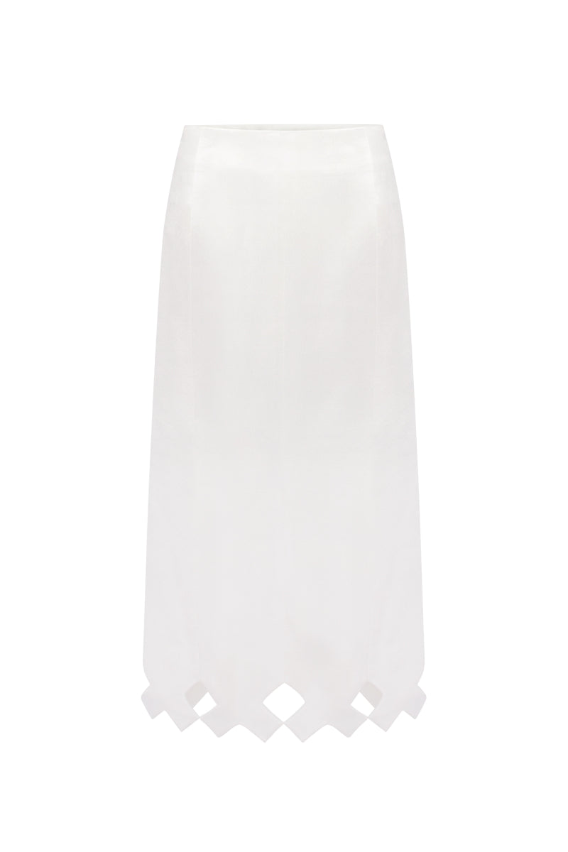 Podyh Tympan midi skirt in eggshell color, soft fabric with a flowy silhouette, displayed on a neutral background.