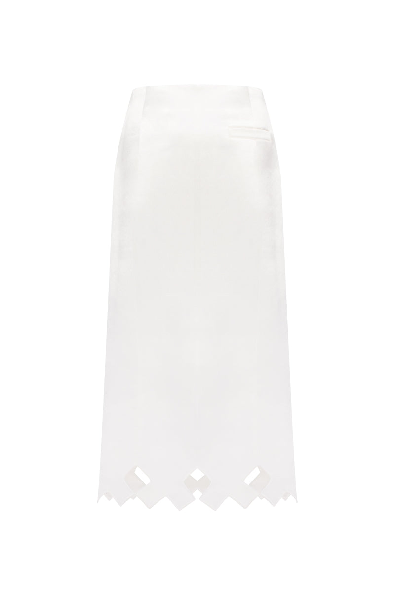 PODYH Tympan midi skirt in eggshell color, lightweight fabric with a high waist and flowing silhouette.