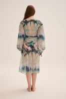 Nelblu print sage kimono cover-up with long sleeves and flowing fabric, ideal for beach or casual wear.