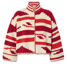 Jessica K Kiona beige and red cardigan jacket displayed, showcasing stylish layered knitwear with contrasting color accents.
