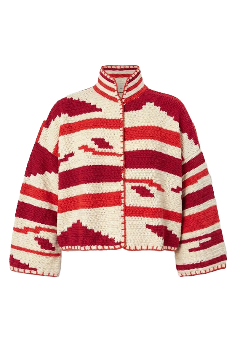 Jessica K Kiona cardigan jacket in beige and red, featuring a cozy knit design and stylish collar detail.