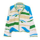 Jessica K Kiona beige and green cardigan jacket with button details, shown on a model.