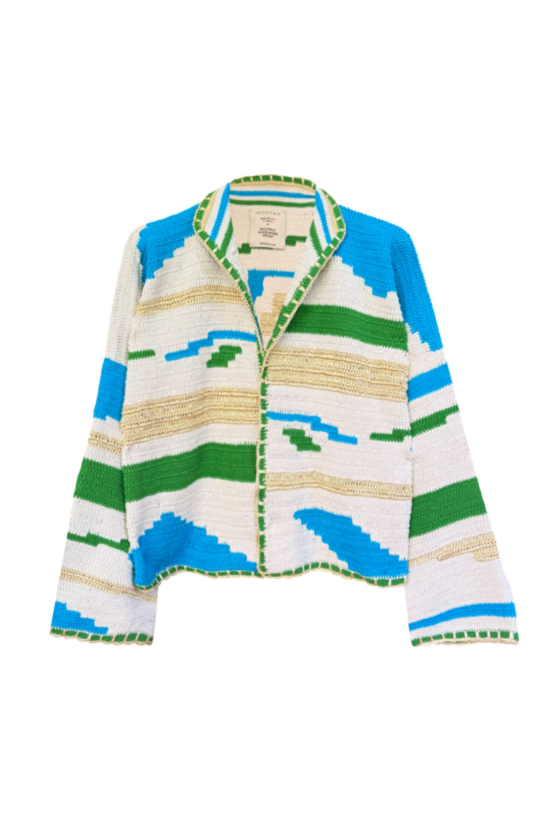 Jessica K Kiona cardigan in beige and green, showcasing a stylish knit jacket with a relaxed fit and button details.