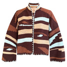 Jessica K Kiona cardigan in brown and aqua, cozy knit with a relaxed fit and stylish color-block design.