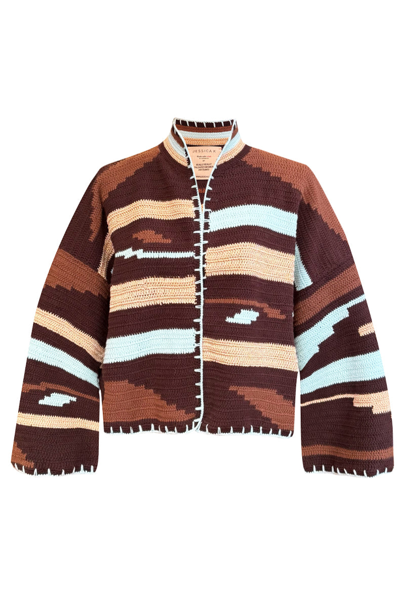 Jessica K Kiona cardigan in brown and aqua, featuring a cozy knit design and stylish button details.