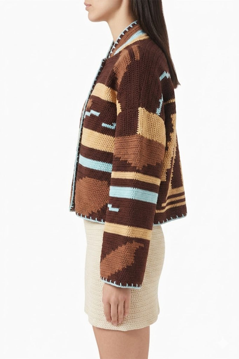 Jessica K Kiona cardigan in brown and aqua, front view showcasing soft knit fabric and stylish color combination.