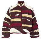 Jessica K Kiona cardigan in brown and burgundy, soft knit fabric with a relaxed fit and button closure.