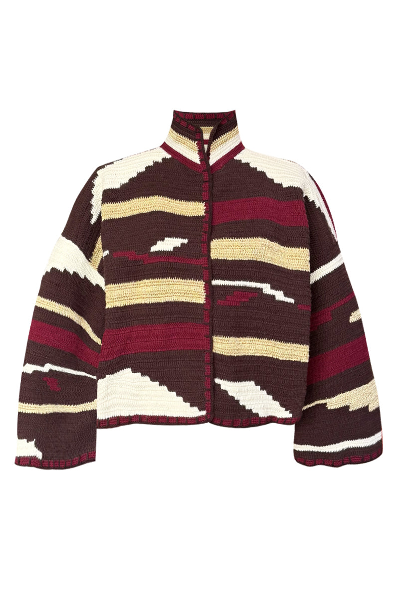 Jessica K Kiona cardigan in brown and burgundy, featuring a cozy knitted design and button-front closure.