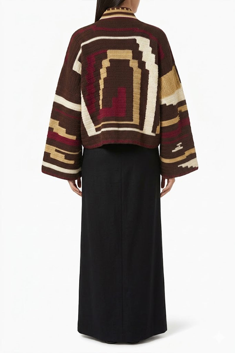 Jessica K Kiona cardigan in brown and burgundy, soft knit fabric with button closure and ribbed cuffs, stylish and cozy.