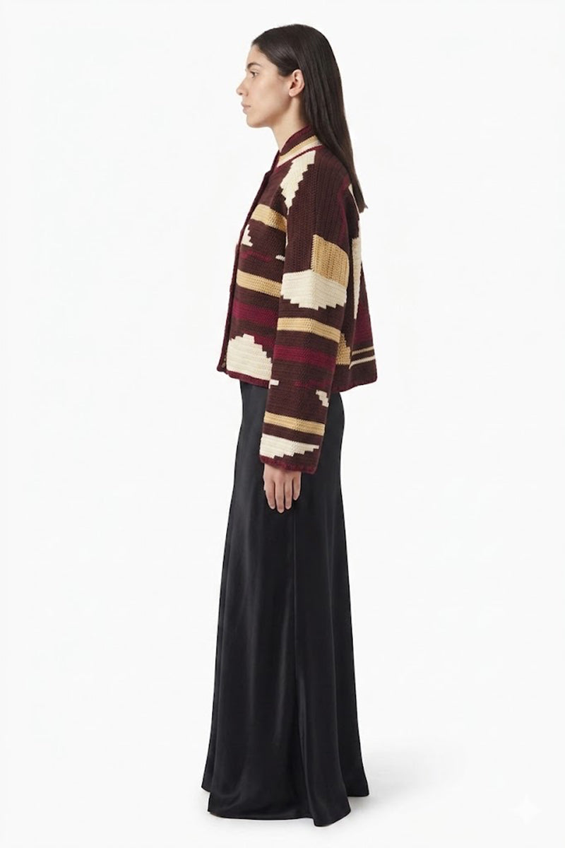 Jessica K Kiona cardigan in brown and burgundy, showcasing a cozy, stylish knit with a front button design and ribbed cuffs.