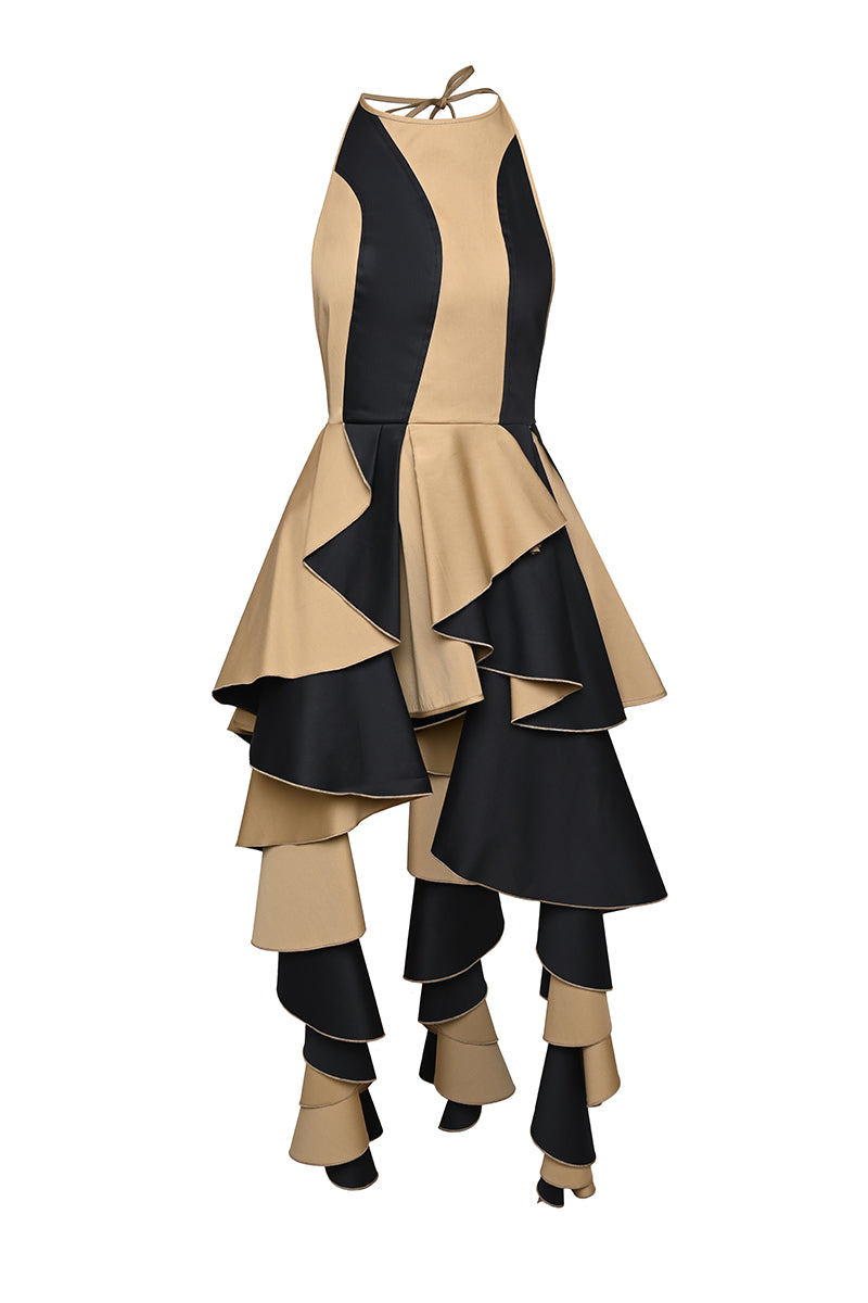 RUFFLE MINI DRESS IN MUSTARD AND BLACK - CULT MIA