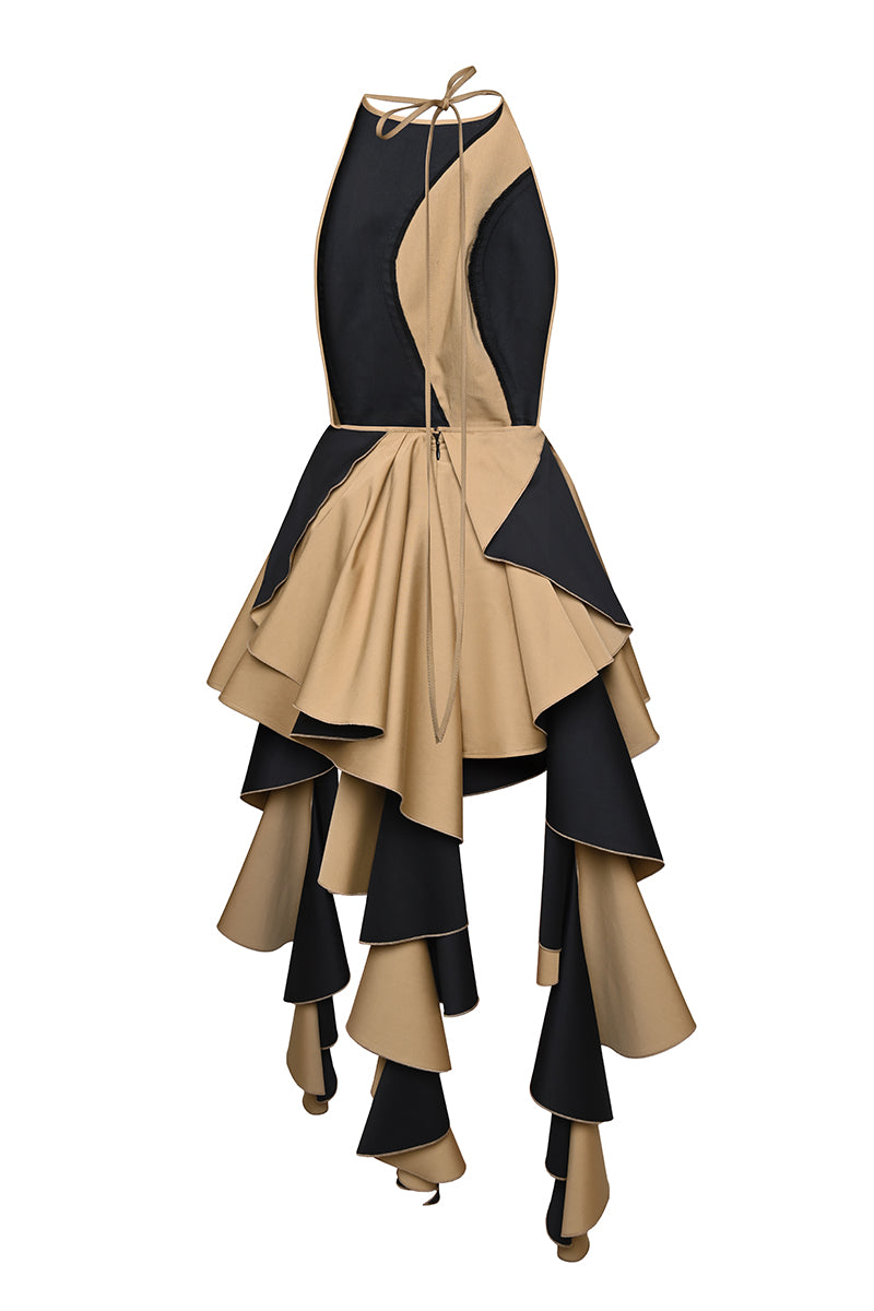 RUFFLE MINI DRESS IN MUSTARD AND BLACK - CULT MIA