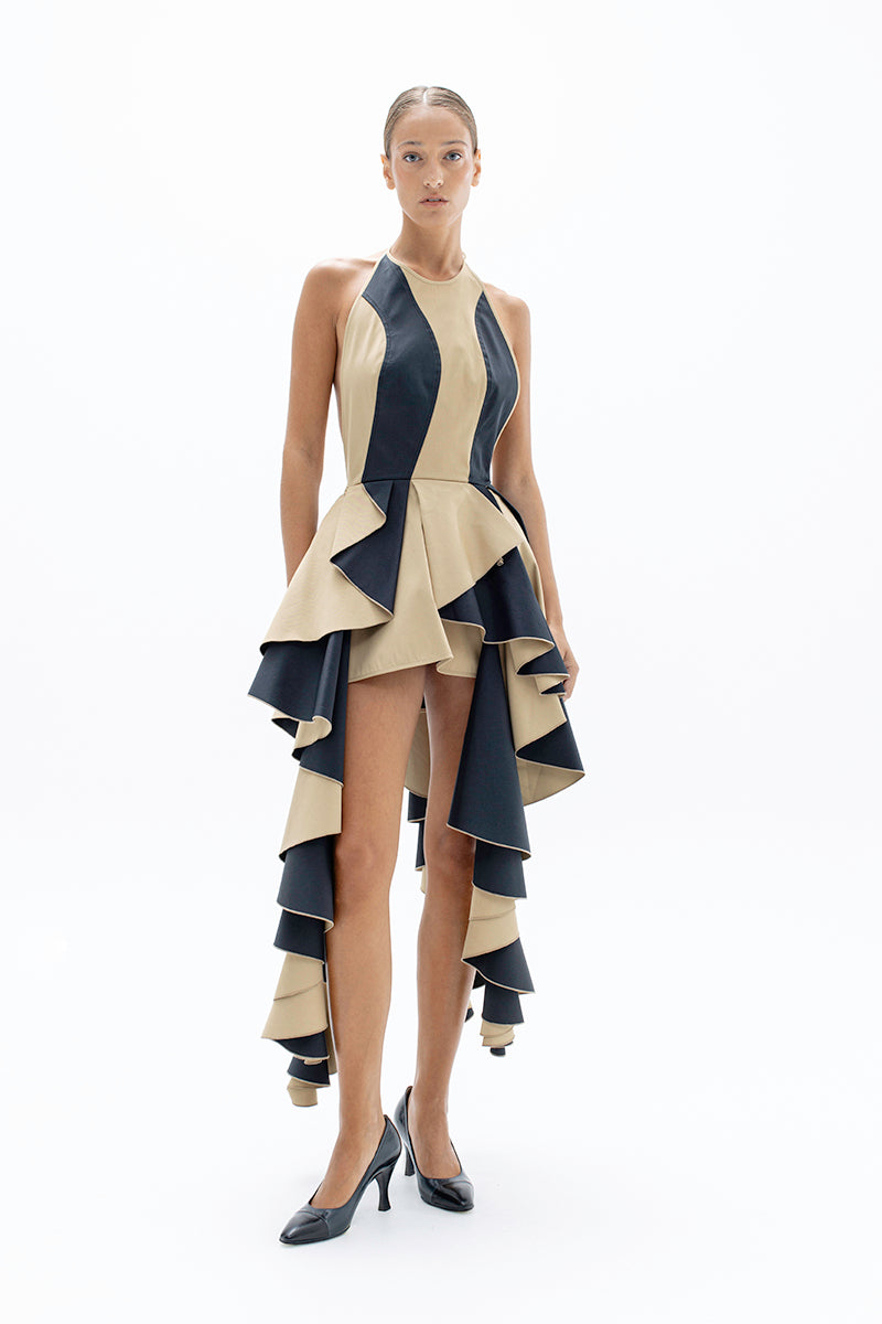 RUFFLE MINI DRESS IN MUSTARD AND BLACK - CULT MIA