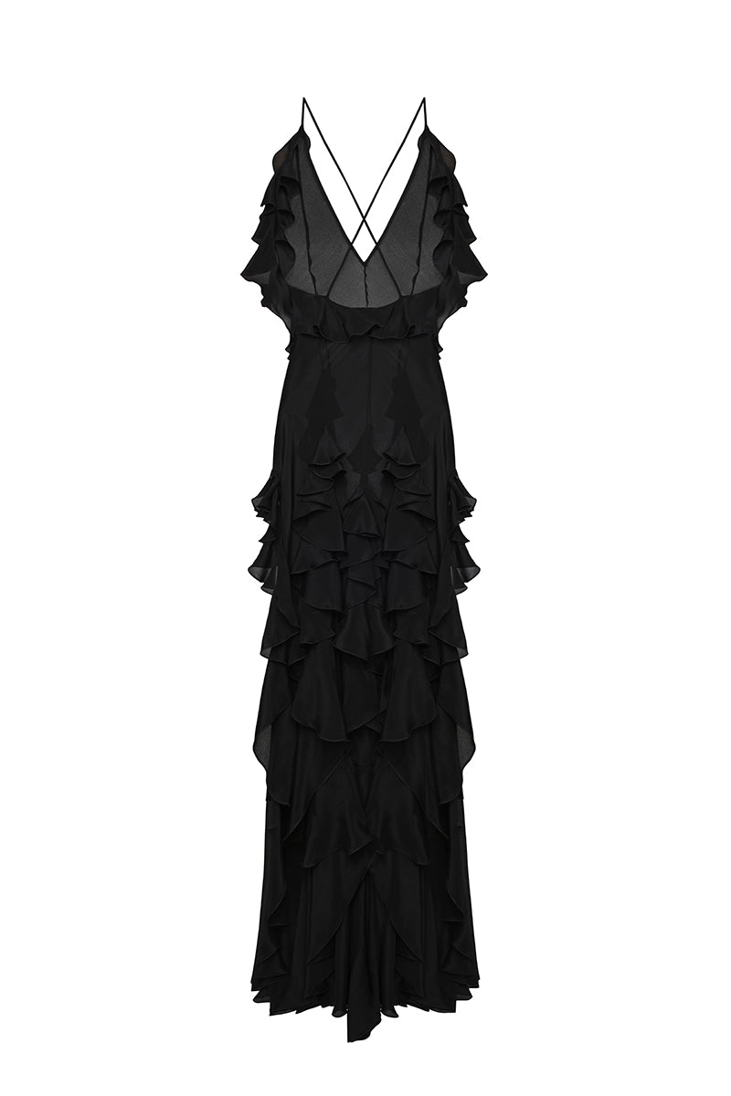 OPEN BACK RUFFLE GOWN IN BLACK - CULT MIA