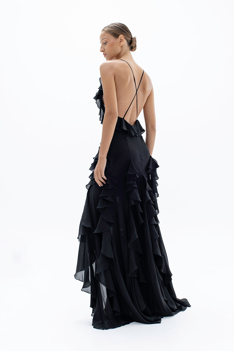 OPEN BACK RUFFLE GOWN IN BLACK - CULT MIA