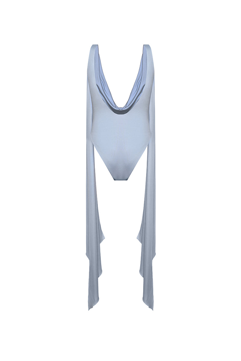 GRECIAN DOUBLE DRAPED BODYSUIT IN PEARL BLUE - CULT MIA