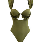 Green Andrea Iyamah KUJI one-piece swimsuit with stylish cutouts and sleek design, perfect for beach or poolside wear.