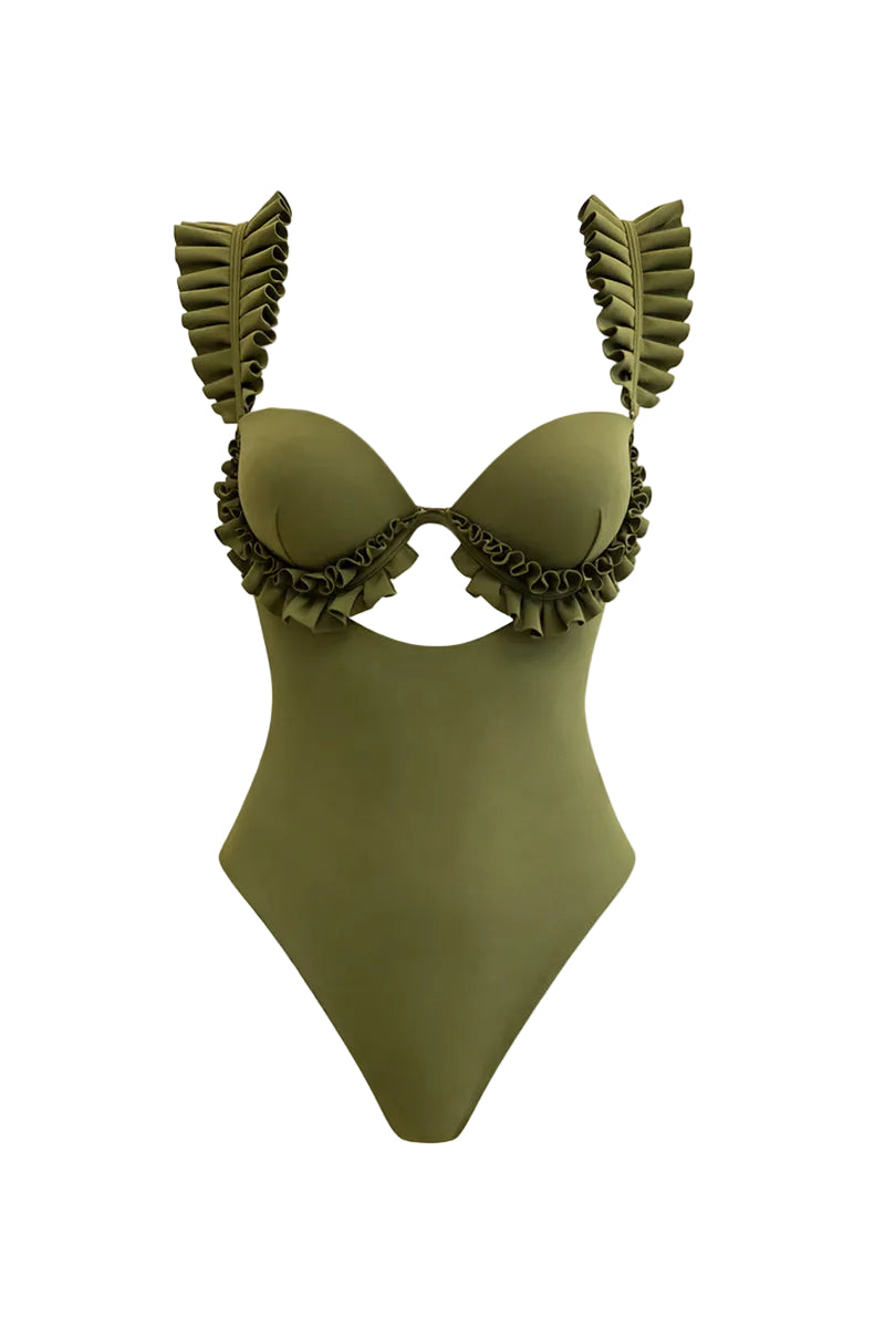 Green Andrea Iyamah KUJI one-piece swimsuit with stylish cutouts and sleek fit, perfect for beach or poolside wear.