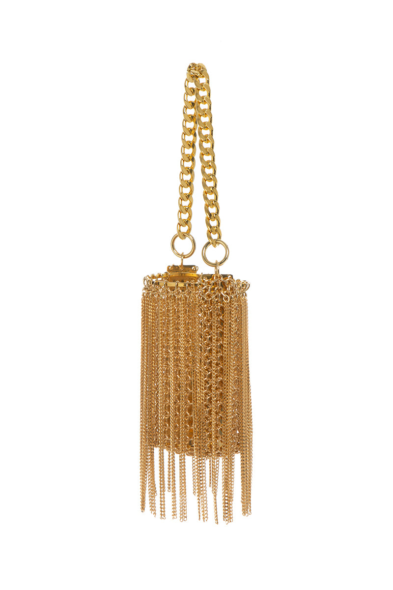 Gold frilly bucket bag with top handle from Silvia Gnecchi, featuring a stylish and textured design.