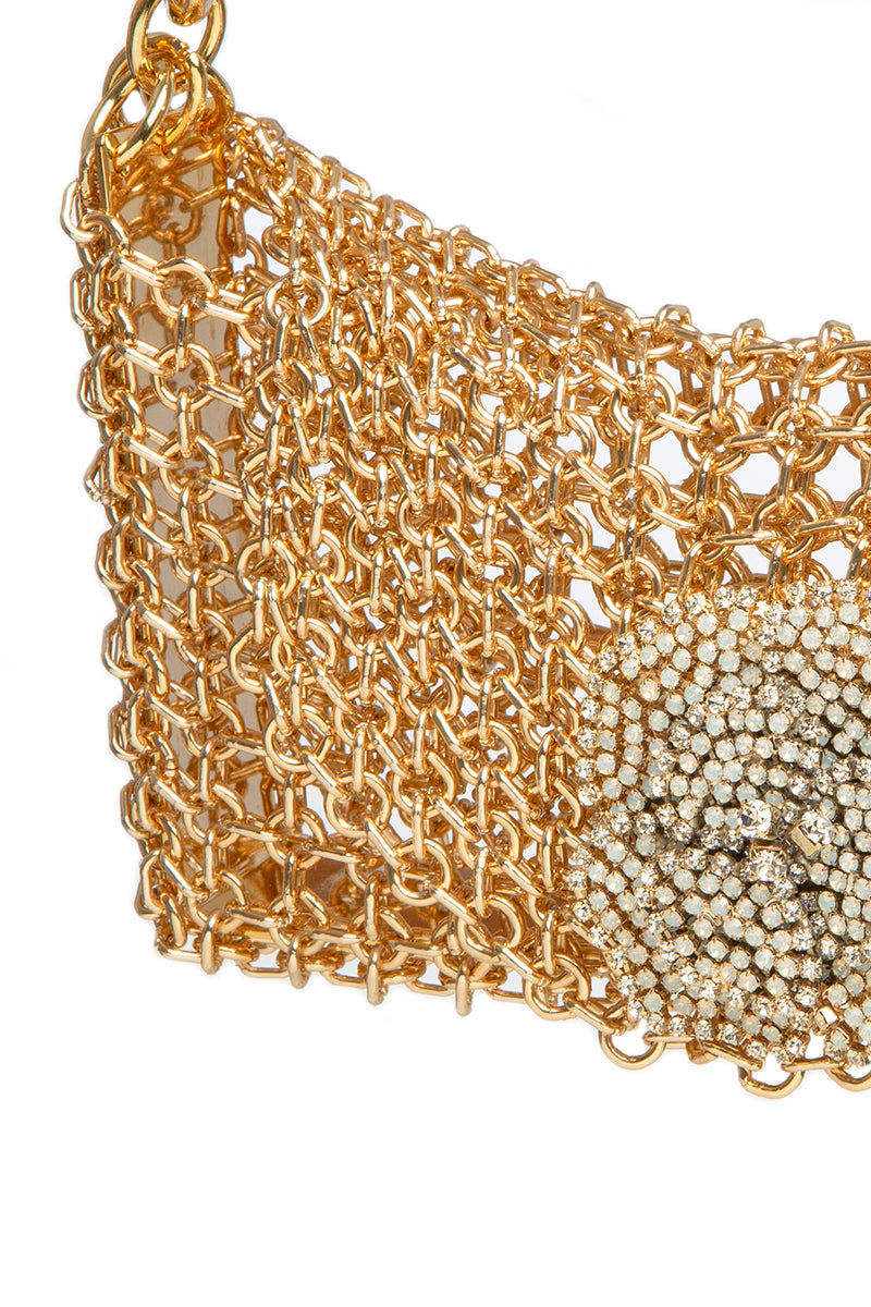 Silvia Gnecchi Camelia gold shoulder bag with elegant design and structured shape, featuring a sleek chain strap.