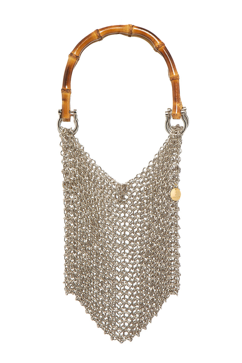 Silver bamboo top handle bag by Silvia Gnecchi with sleek design and structured shape, perfect for stylish everyday use.