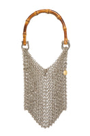 Silver bamboo top handle bag by Silvia Gnecchi with a sleek, modern design and elegant bamboo handle.
